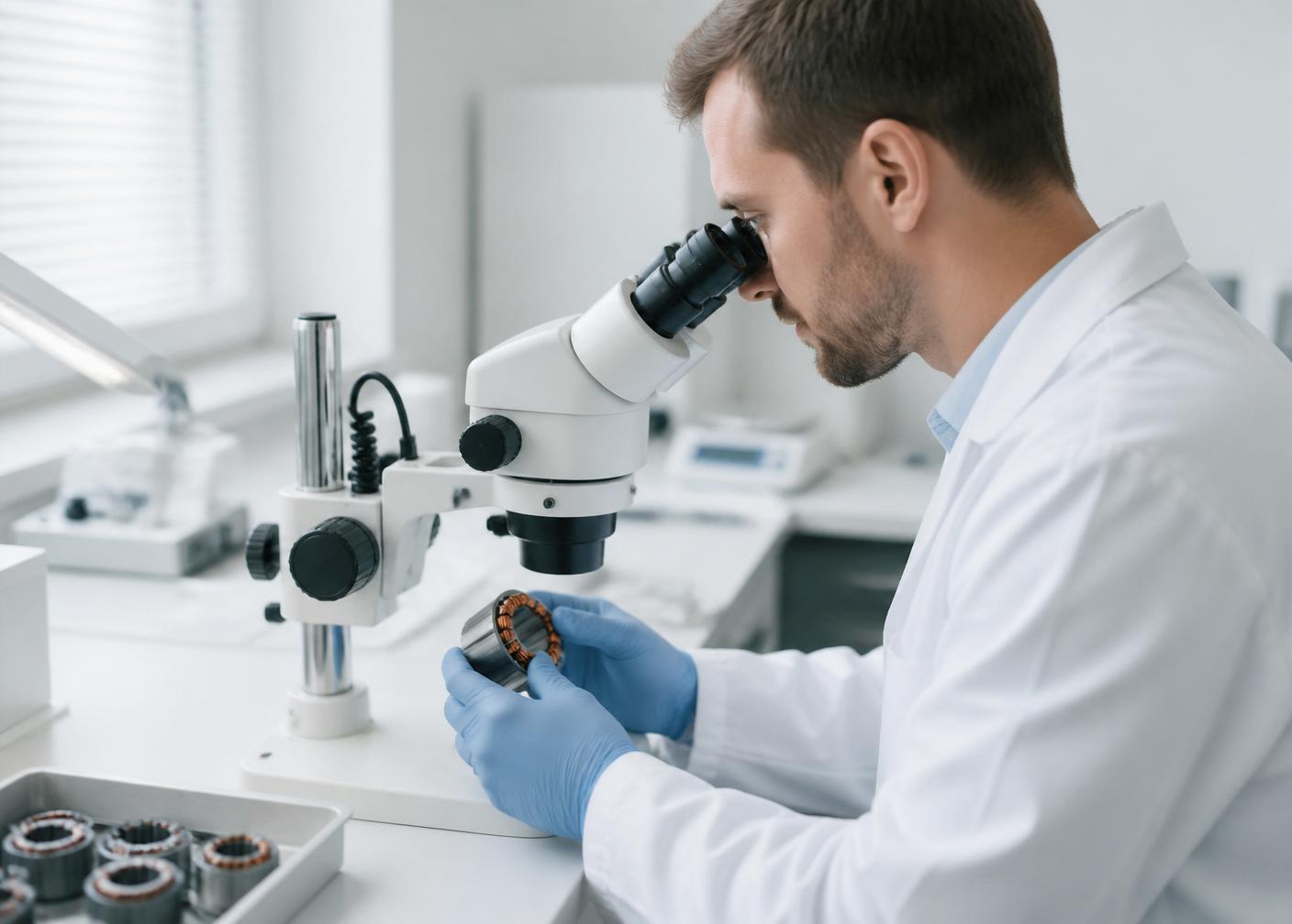 Technician inspecting a stator under a stereo microscope